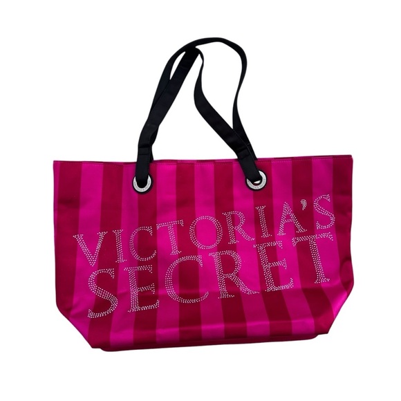 Victoria's Secret Pink Red Satin Striped Rhinestone Bling Tote Weekender… - Picture 1 of 8